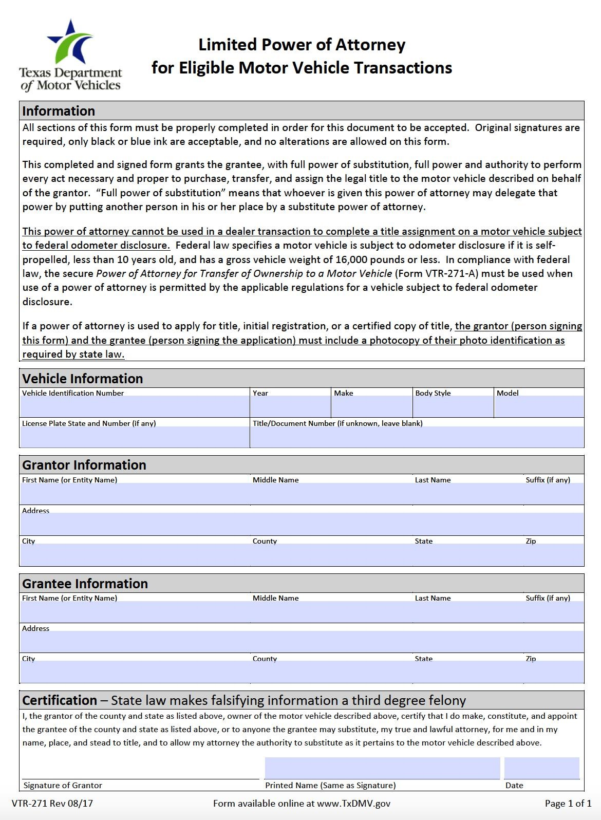 Limited Power of Attorney Form | Texas